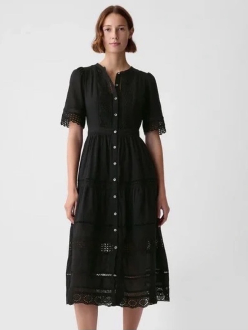 GAP Black Lace-Trim Button-Front Midi Dress